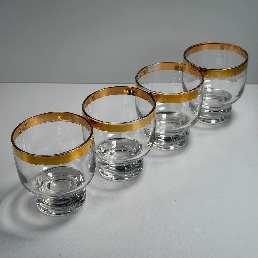 Vintage Mid Century Lowball Rocks Glasses‎ Set of 4 Clear Gold Rim MCM Barware